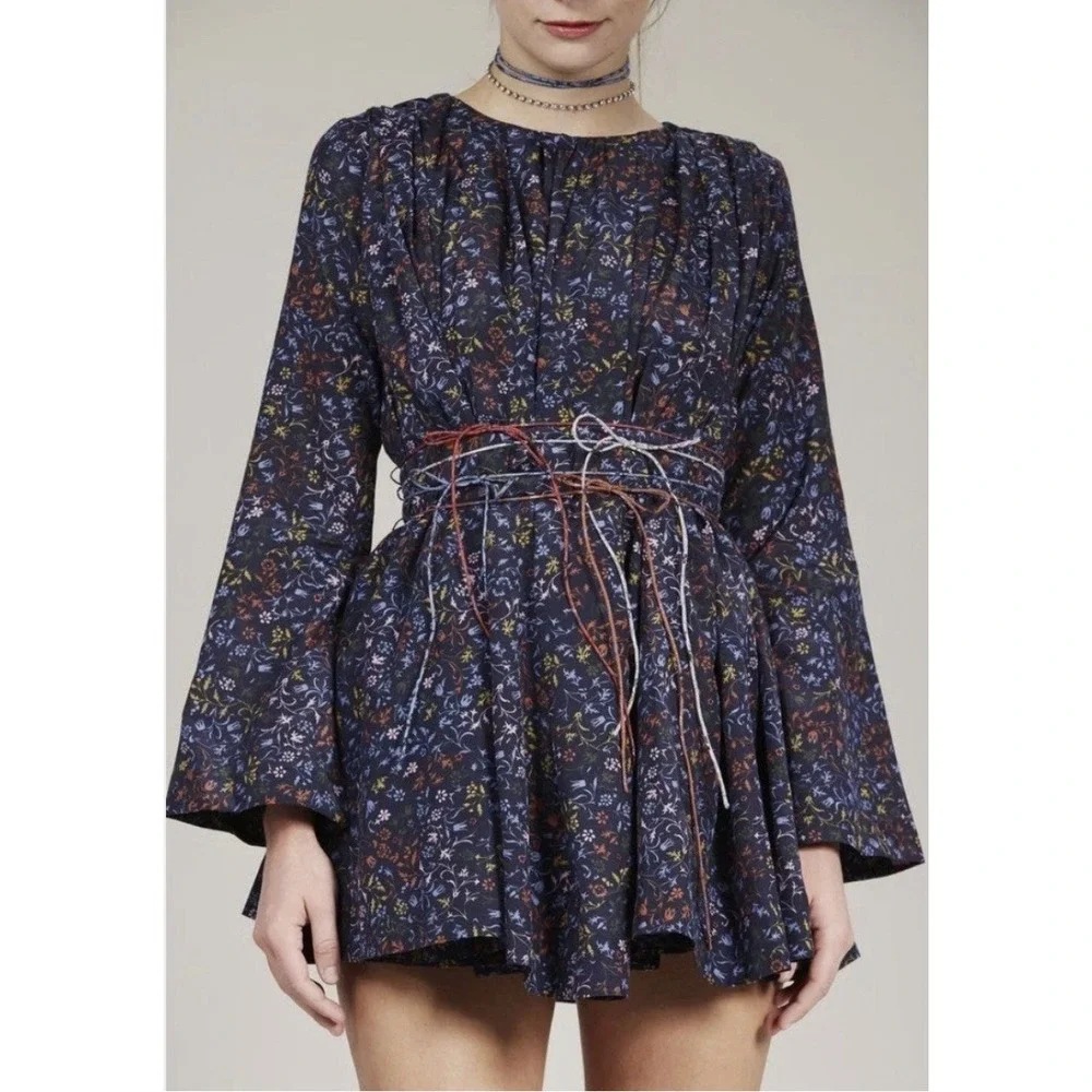 Elliette Tate Floral Silk‎ Mini Dress Womens 4 Navy Blue Rope Belted Bloomcore